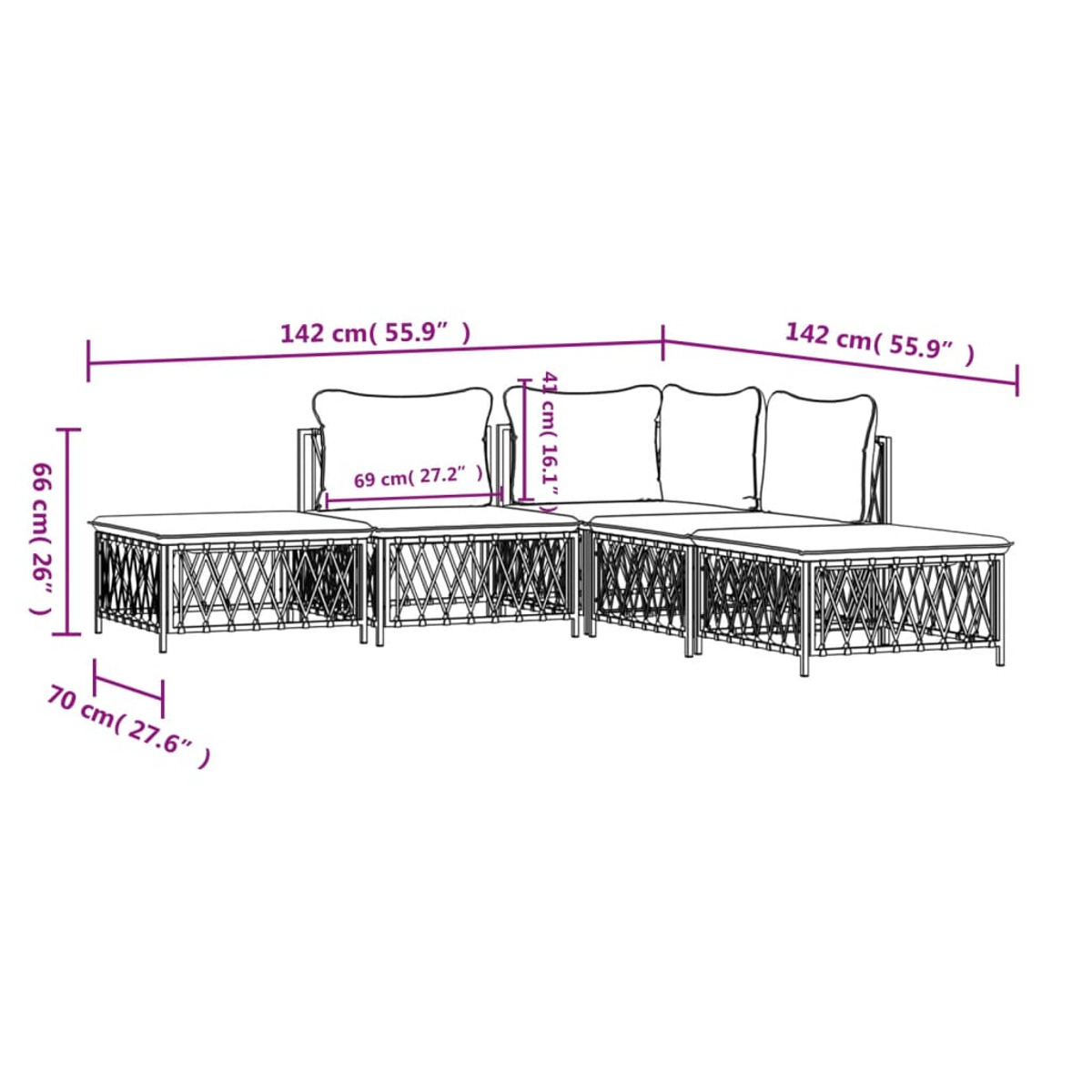 Ein weißer Hintergrund zeigt ein Diagramm eines Rattansofa-Sets mit Abmessungen.