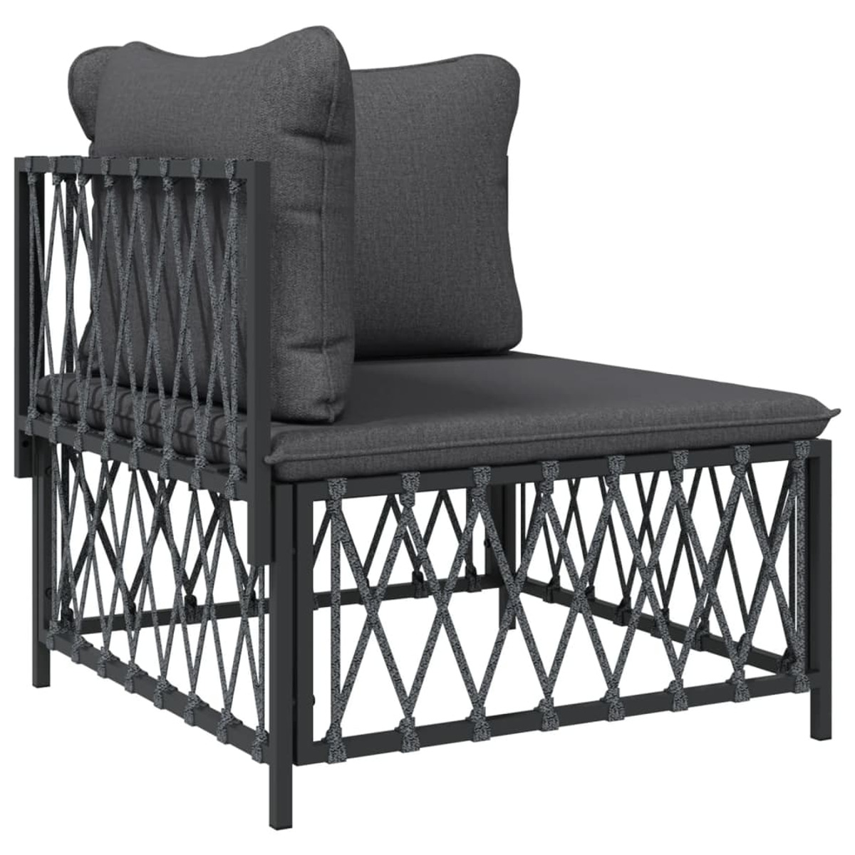 Ein graues Ecksofa mit schwarzem Metallrahmen und grauen Kissen.
