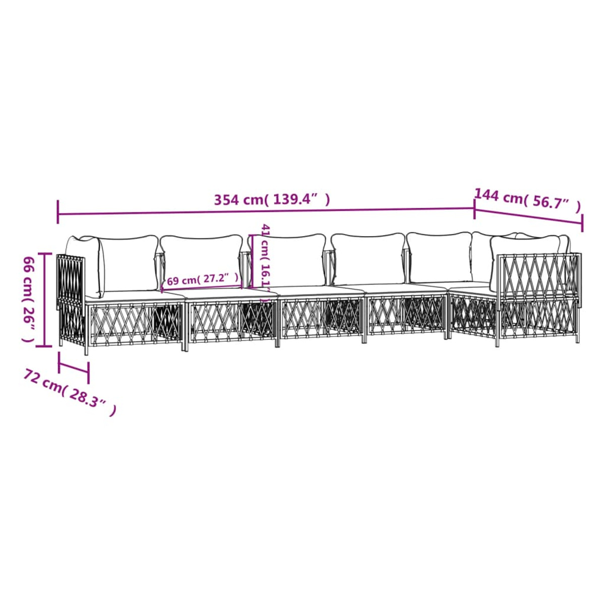 Outdoor-Rattan-Sofaset mit weißen Kissen. Abmessungen sind angegeben. Isoliert auf weißem Hintergrund.