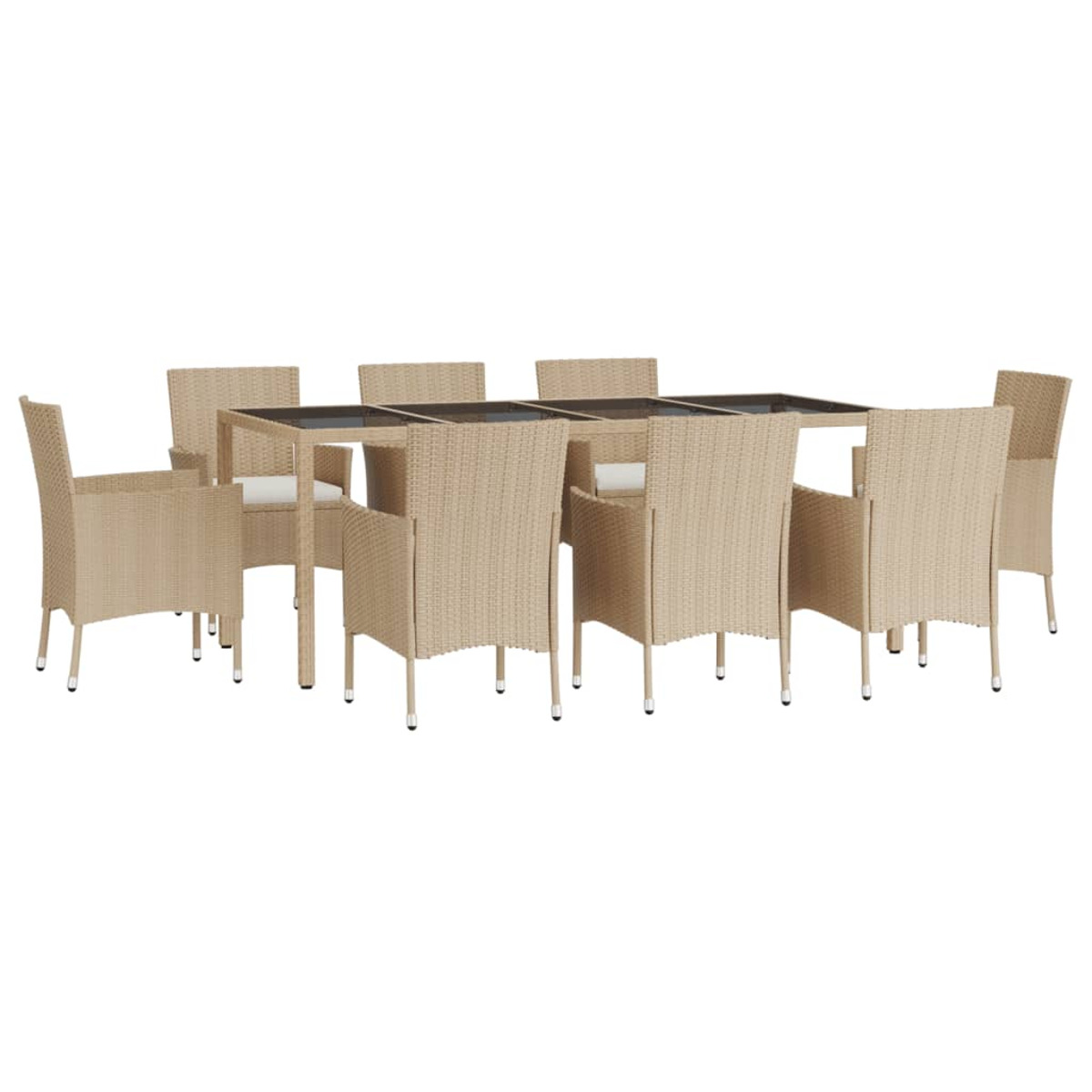 Beiges Wicker-Ess-Set mit Glastisch und acht passenden Stühlen, alles auf weißem Hintergrund.