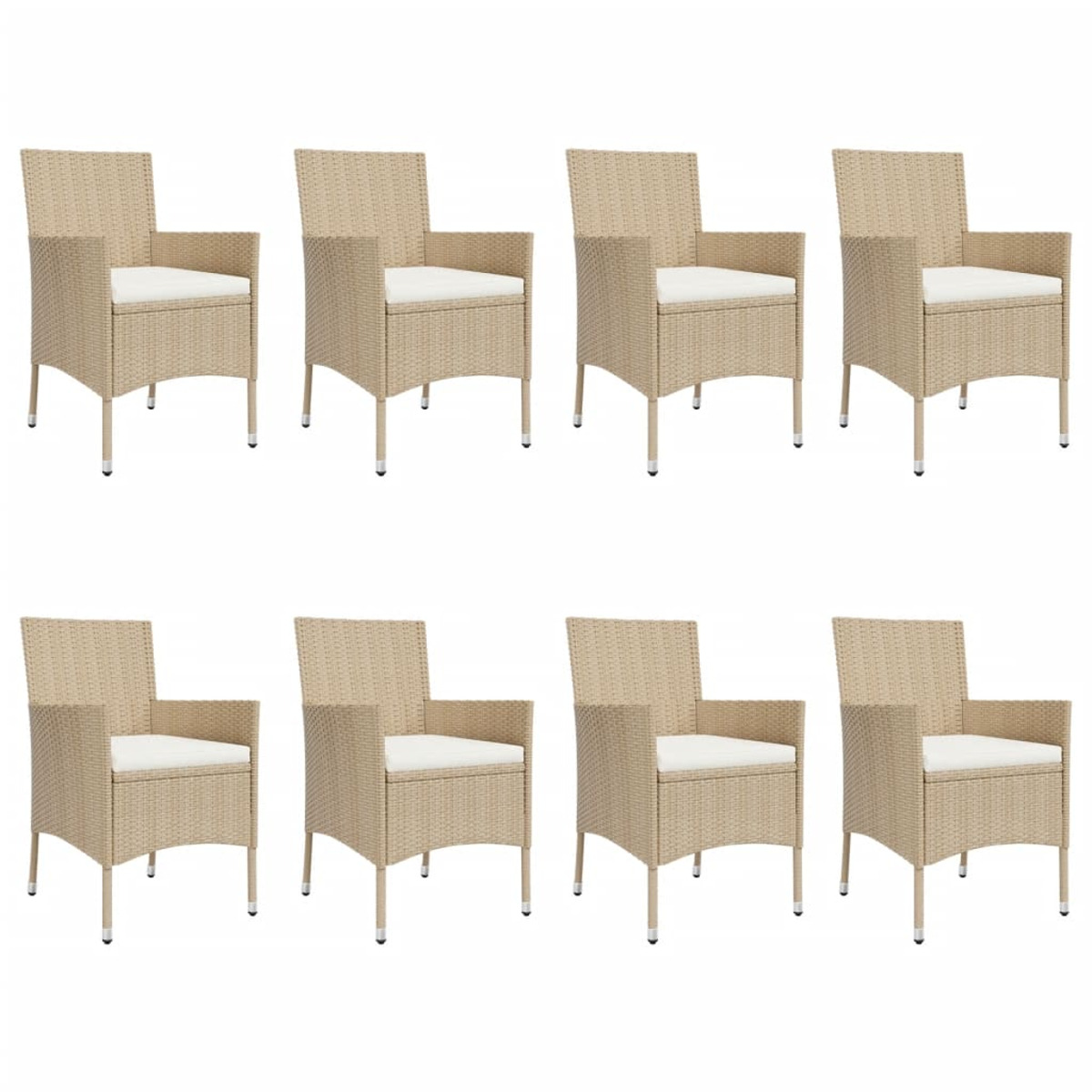 Acht beige Korbstühle mit weißen Kissen. Weißer Hintergrund.