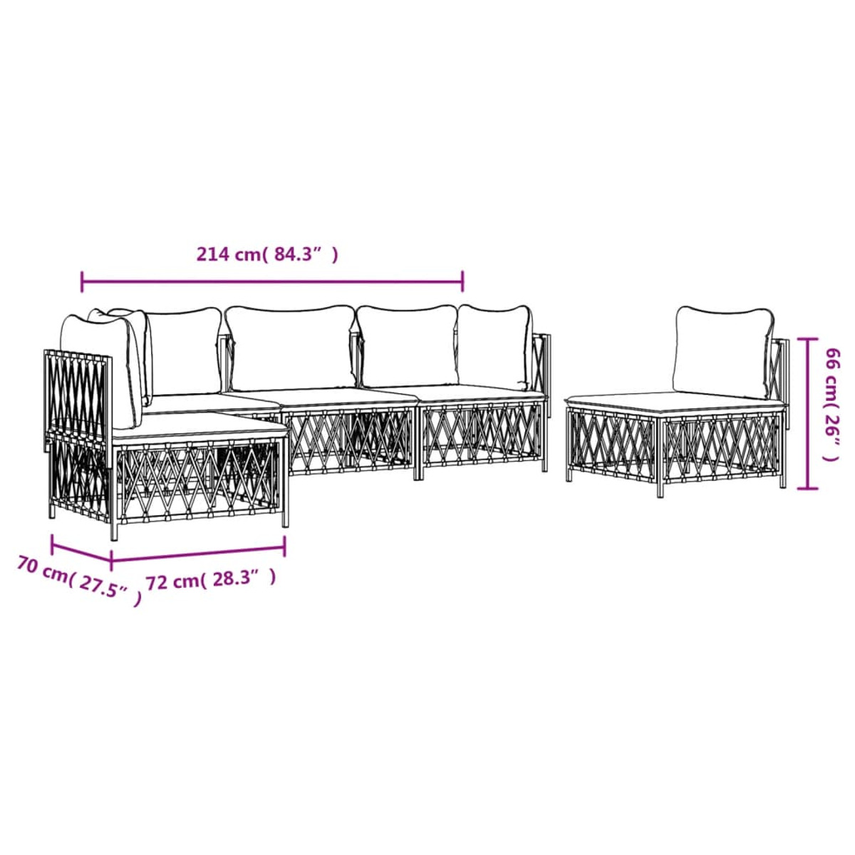 Outdoor-Rattan-Sofagarnitur mit Maßen. Weißer Hintergrund.