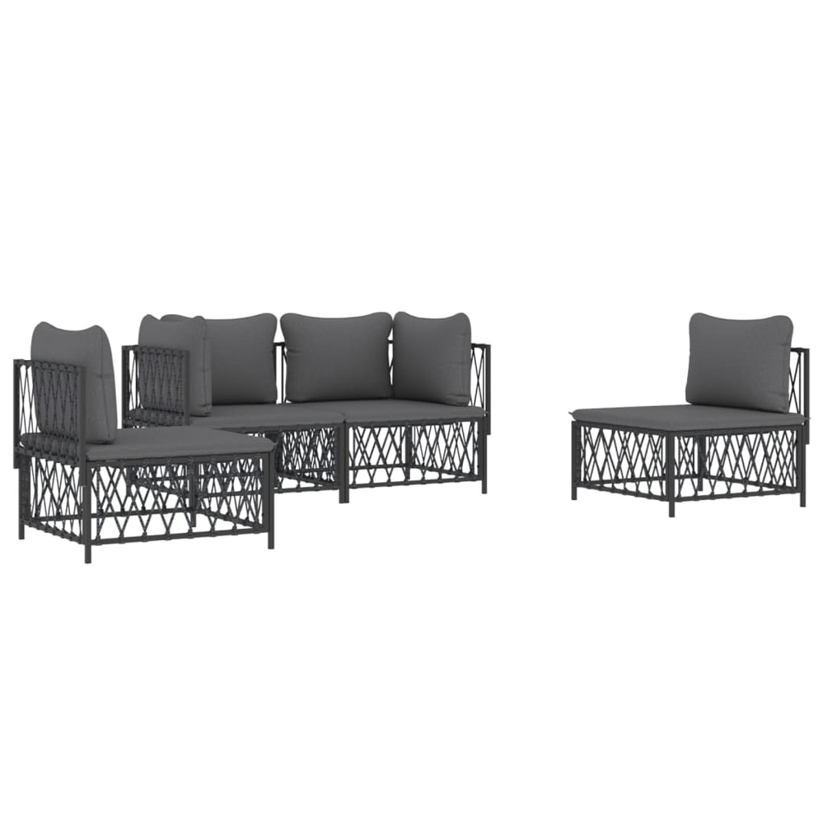 Ein graues Outdoor-Sofaset und ein Einzelsitz, auf weißem Hintergrund, mit Webmuster.