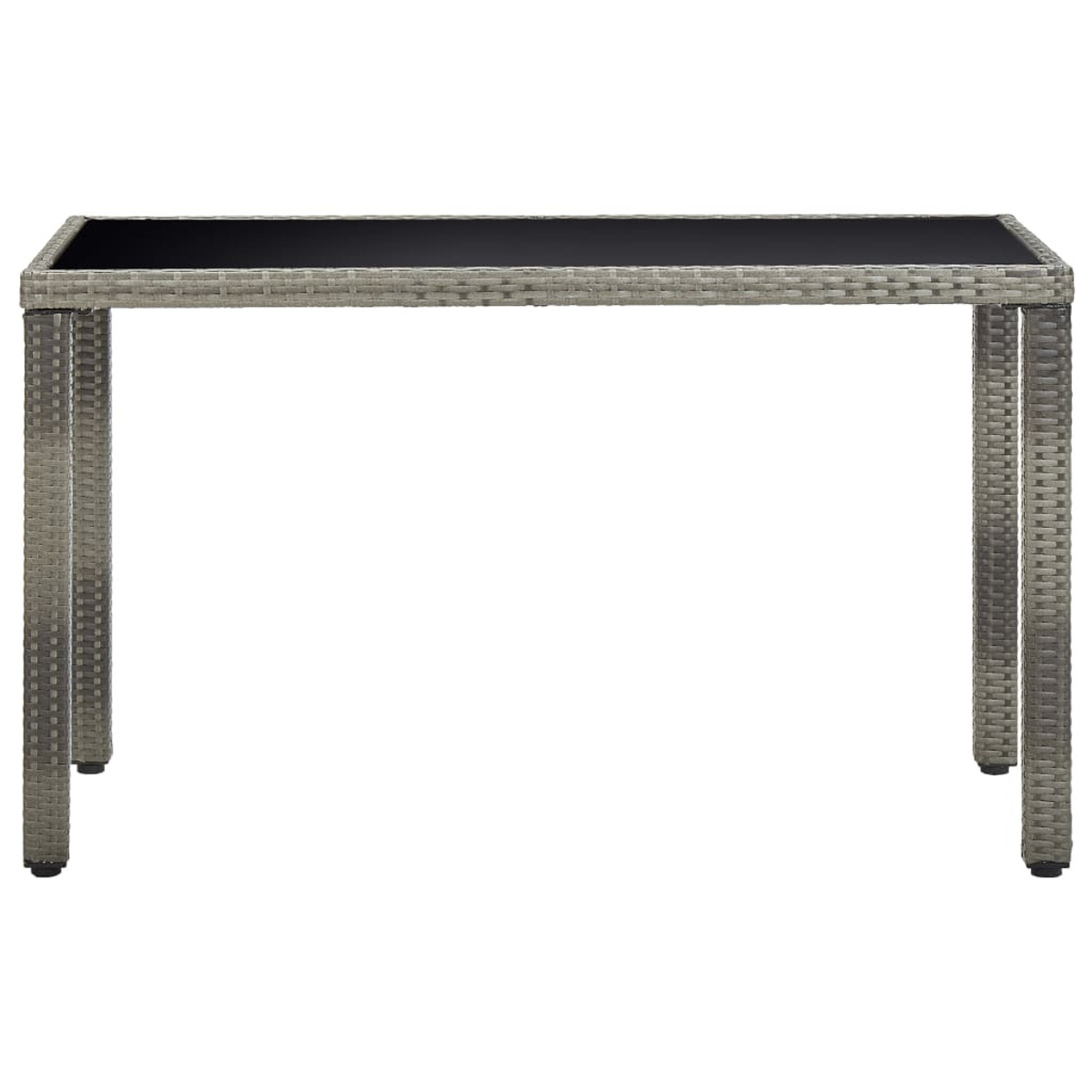 Grauer Rattan-Tisch mit schwarzer Platte, vier Beine.