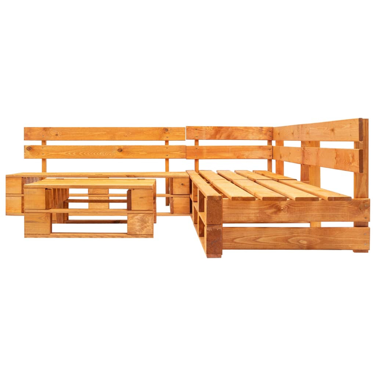 Ein Holz-Gartenmöbel-Set, bestehend aus Ecksofa und Couchtisch, vor weißem Hintergrund.