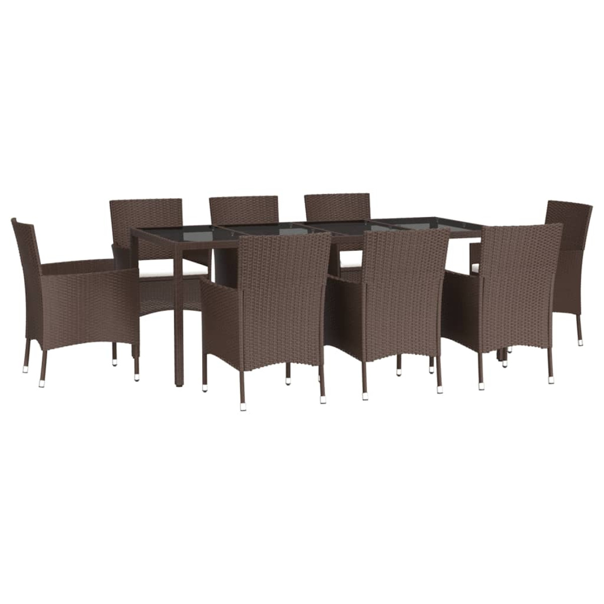 Ein braunes Esszimmer-Set für den Außenbereich mit Tisch und acht Stühlen.