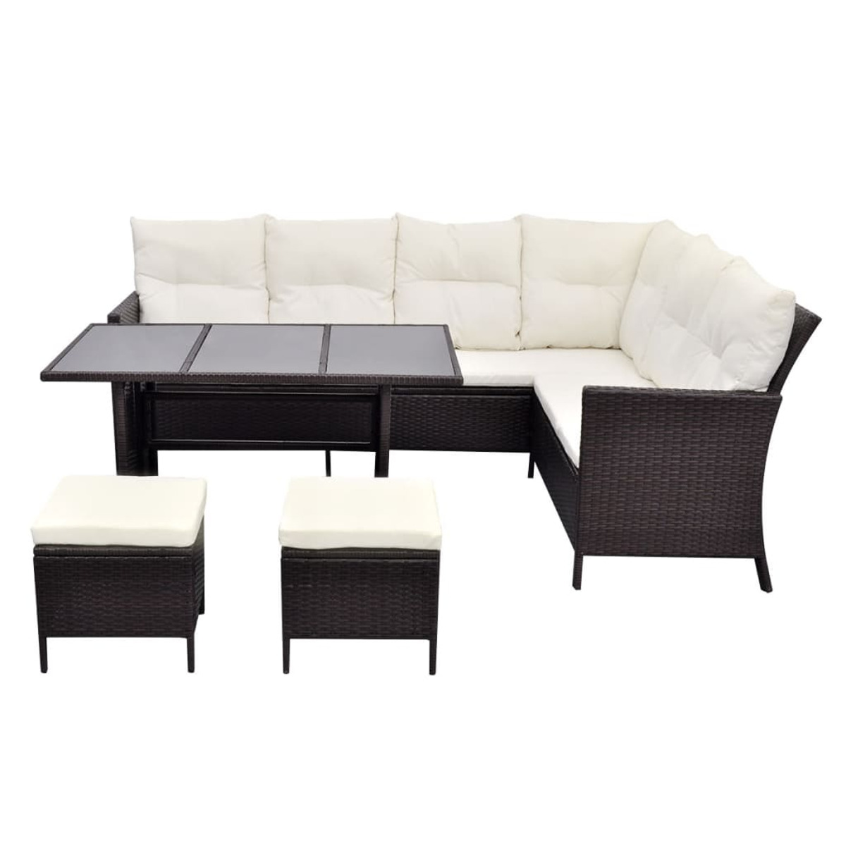 Ein Outdoor-Möbelset mit Tisch, zwei Ottomanen und einem Ecksofa. Vor weißem Hintergrund.