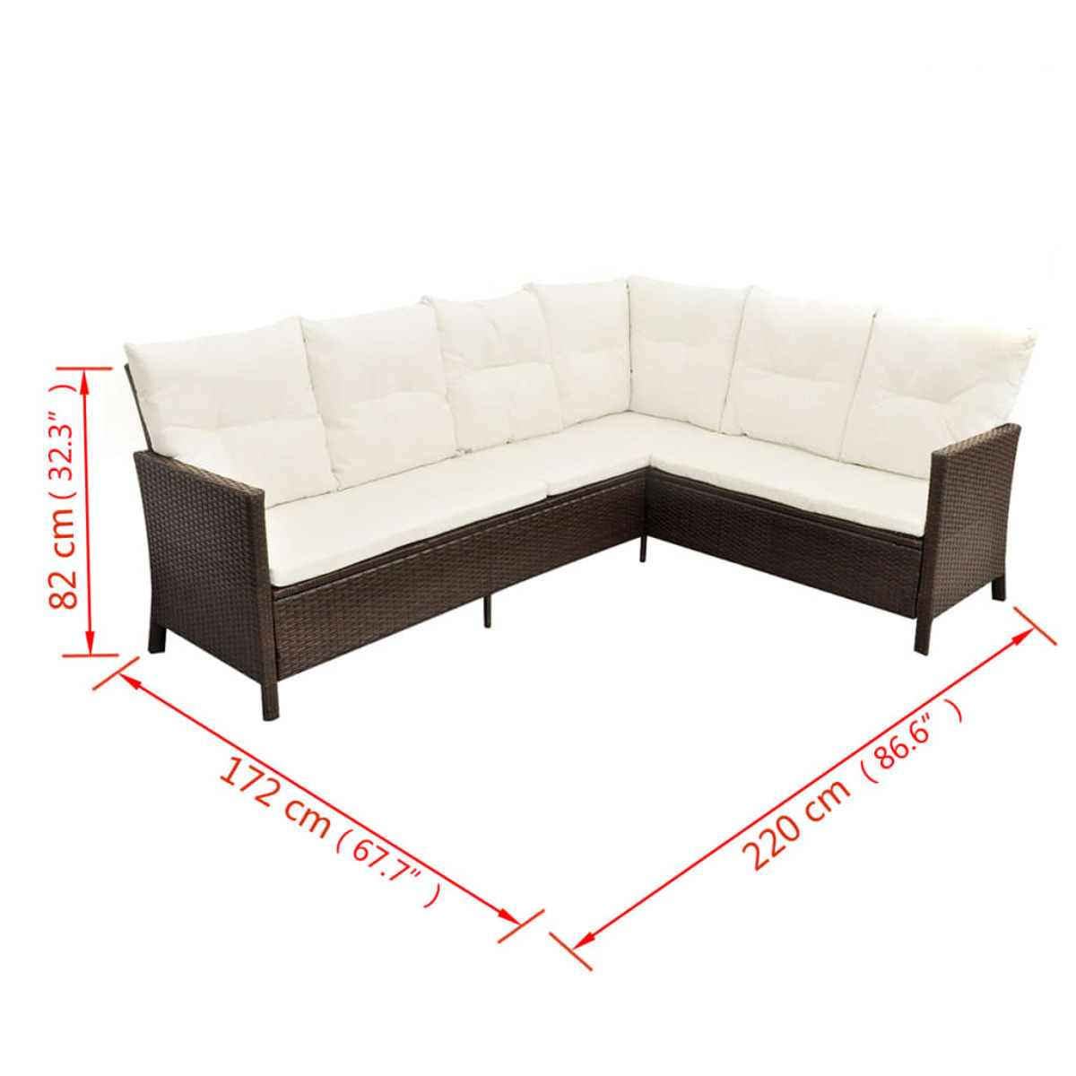 L-förmiges Outdoor-Sofa mit braunem Korbgeflecht und weißen Kissen, mit Abmessungen.