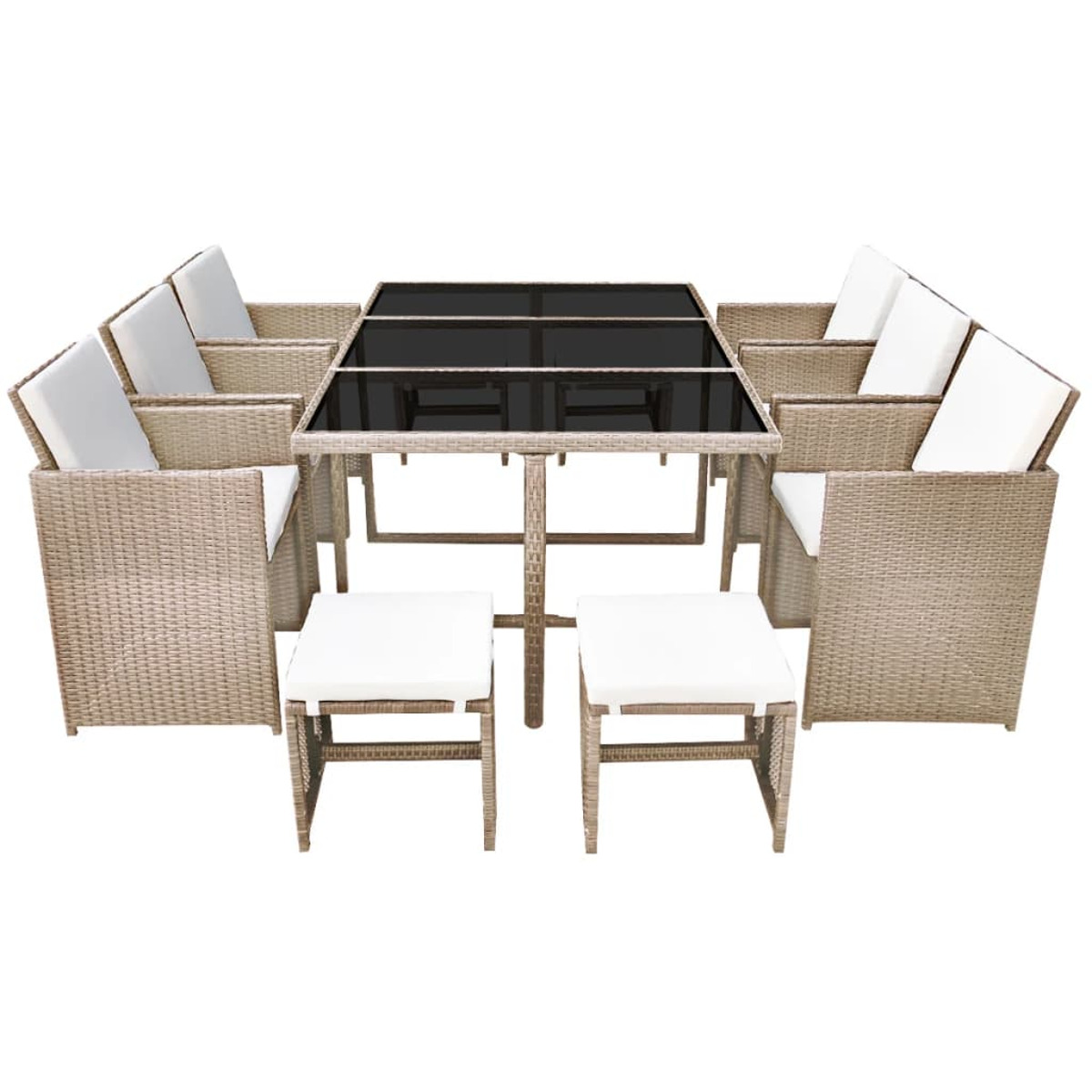Ein großes Ess-Set für draußen mit Tisch und Stühlen. Beige Kissen.
