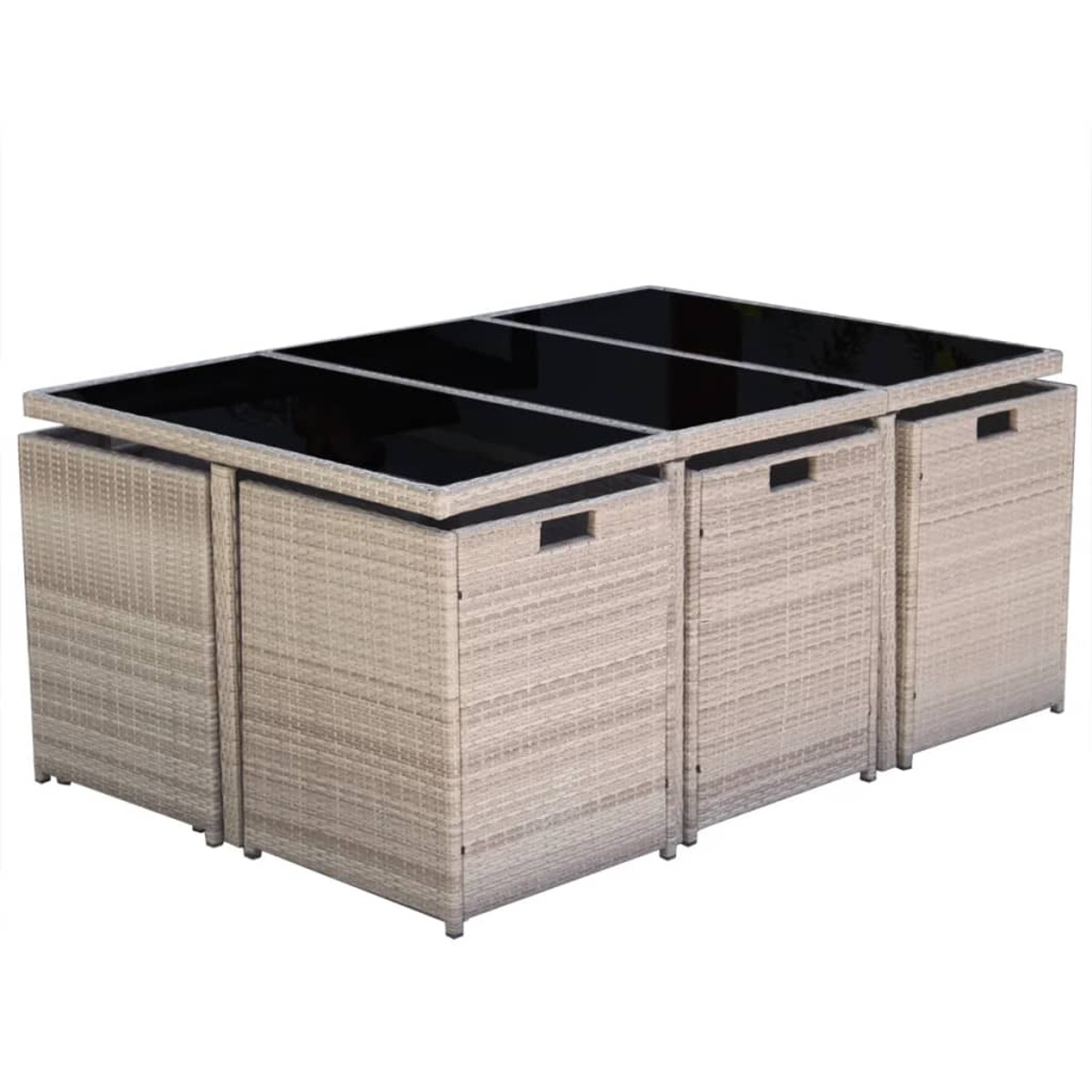 Modulares Gartenmöbelset mit schwarzem Glastisch und Staueinheiten.