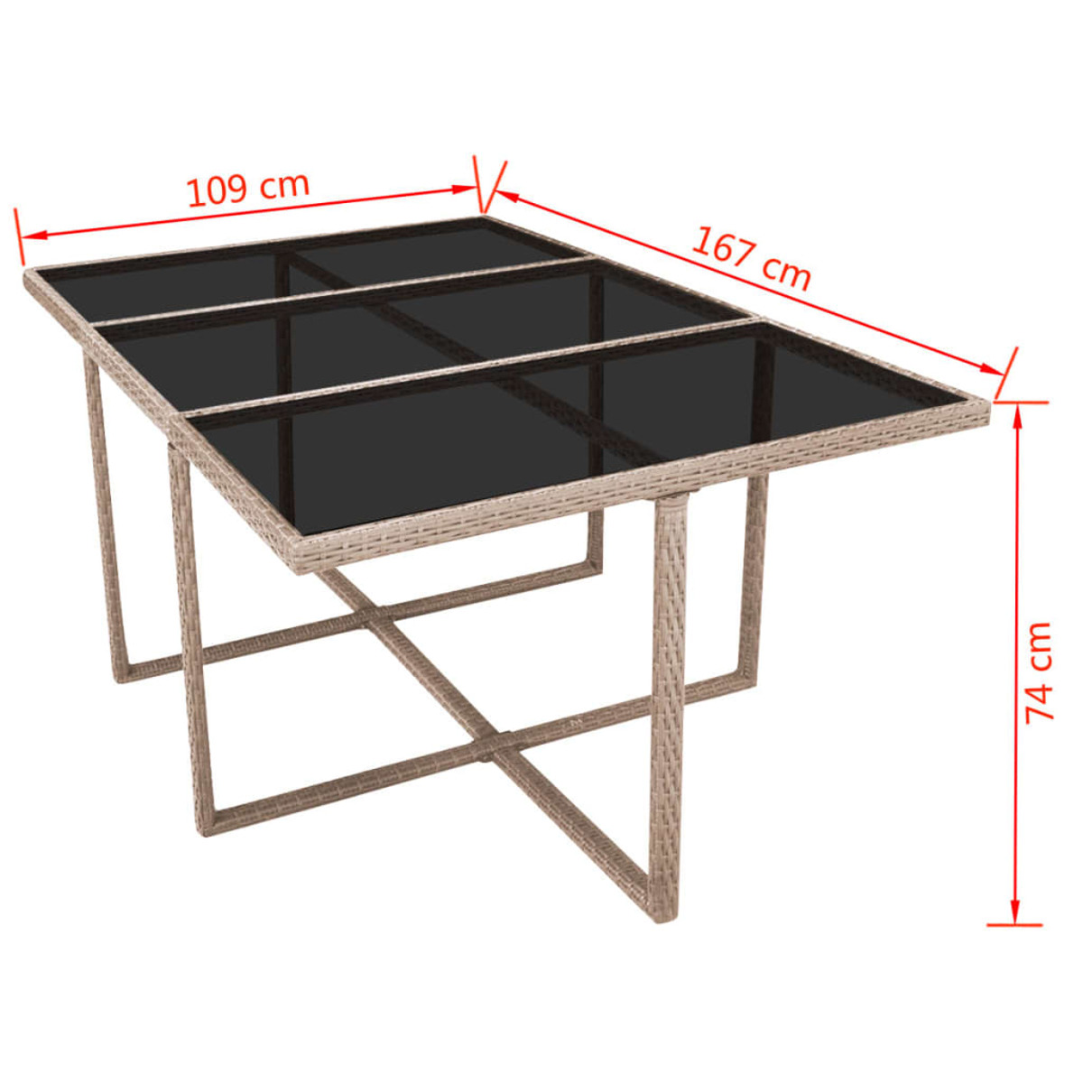Beiger Korbtisch mit Glasplatte, Abmessungen auf weißem Hintergrund.