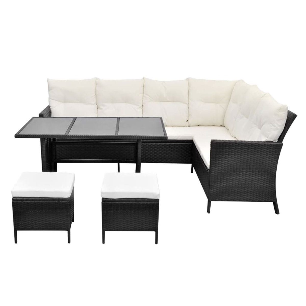 Gartenmöbel-Set aus Korbgeflecht. Dunkles Sofagarnitur mit Glastisch und zwei Hockern.