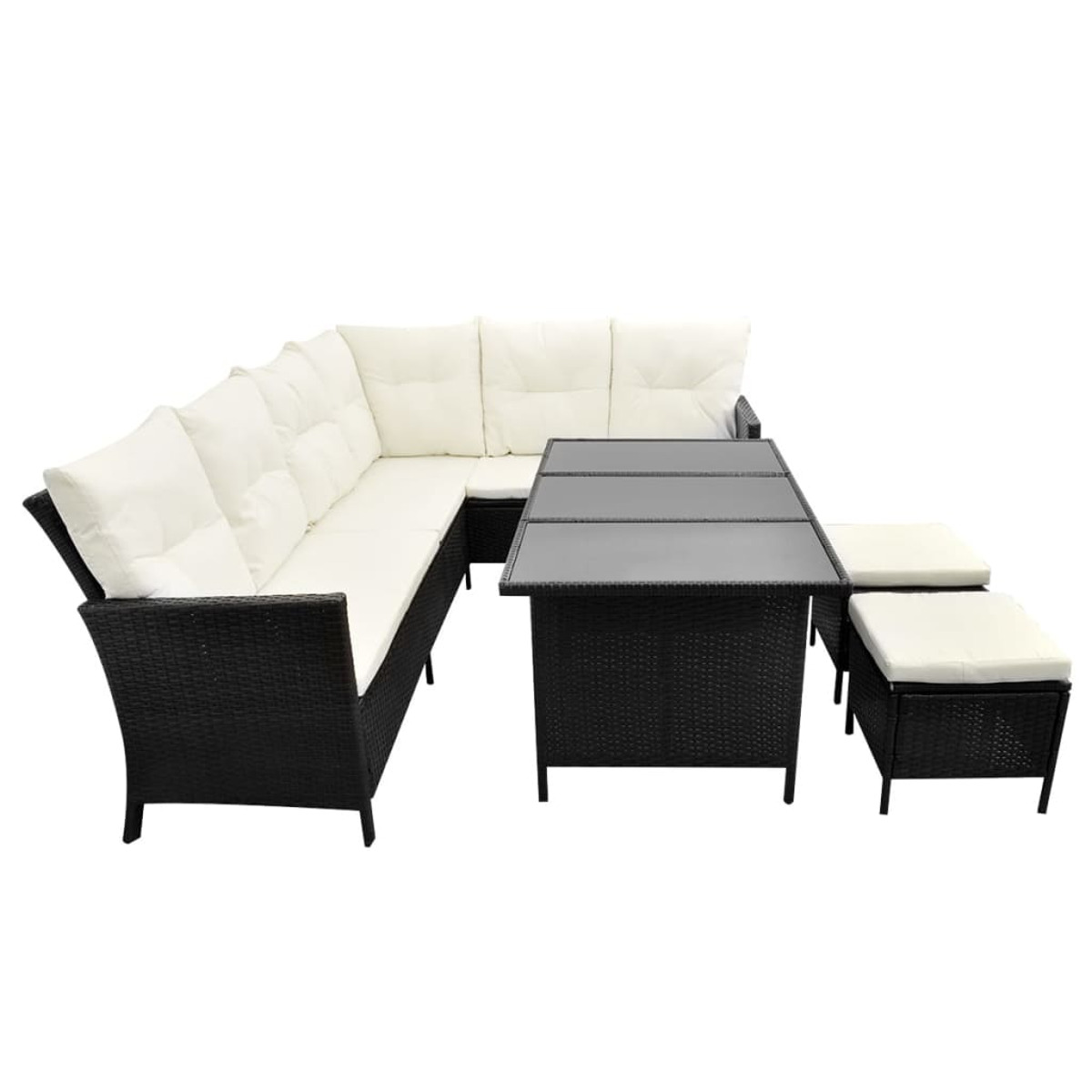 Graues Korbgeflecht-Outdoor-Möbelset mit grauen Kissen und einem quadratischen Tisch.