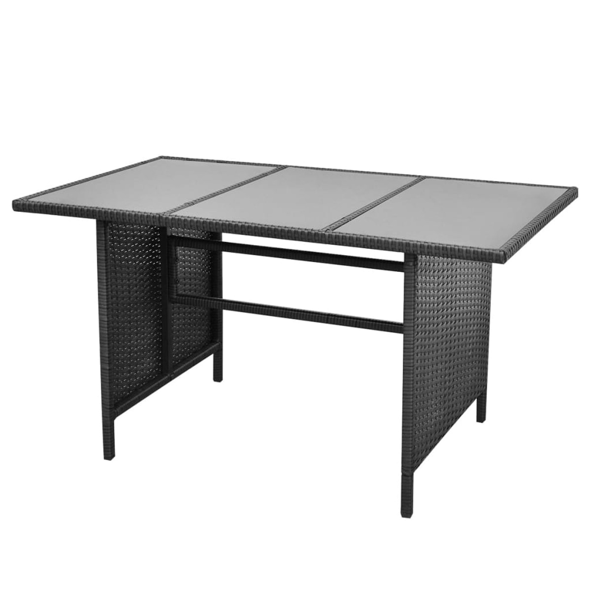 Schwarzer Korbtisch mit Glasplatte. Rechteckig, stabiles Gestell.