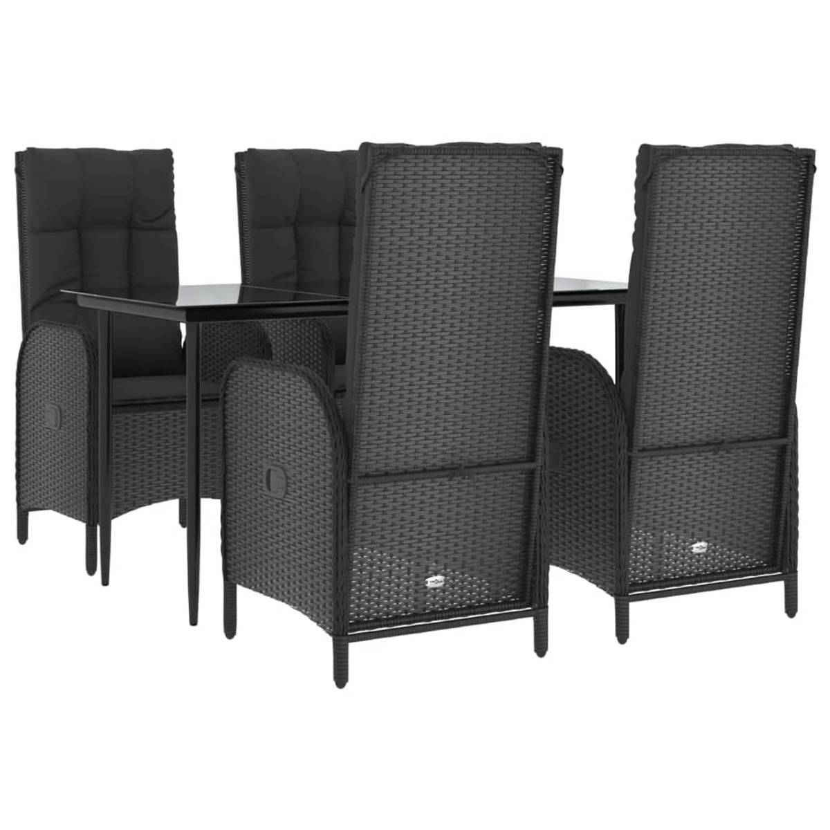 Schwarzes Korbesstischset mit vier Stühlen und einem Tisch auf weißem Hintergrund.