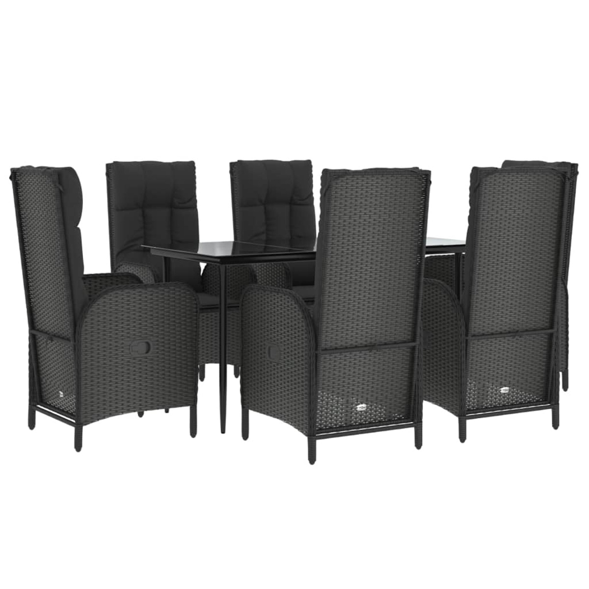 Ein schwarzes Ess-Set aus Korbgeflecht für draußen mit sechs Stühlen und einem Tisch.