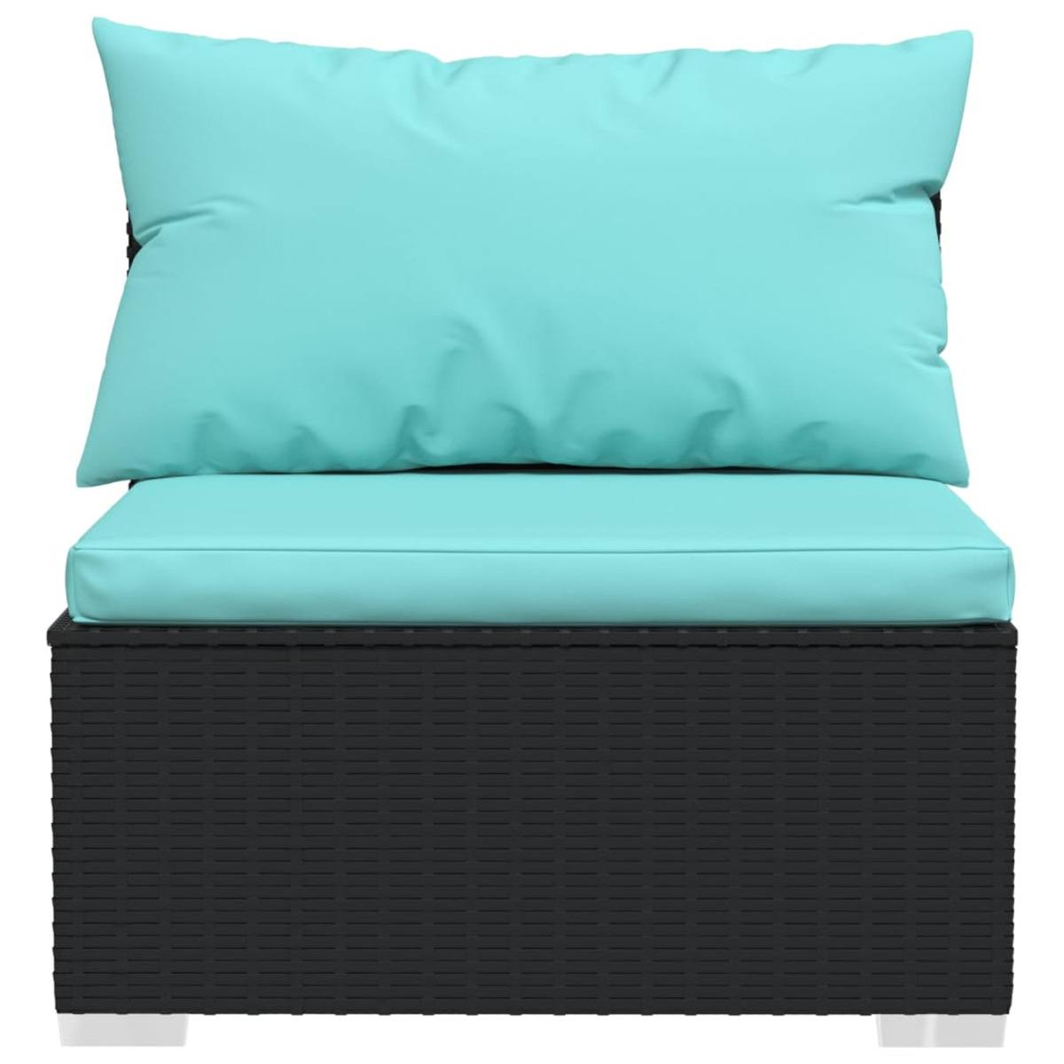 Schwarzer Stuhl mit schwarzem Rattan. Er hat ein hellblaues Kissen und ein Kissen darauf.