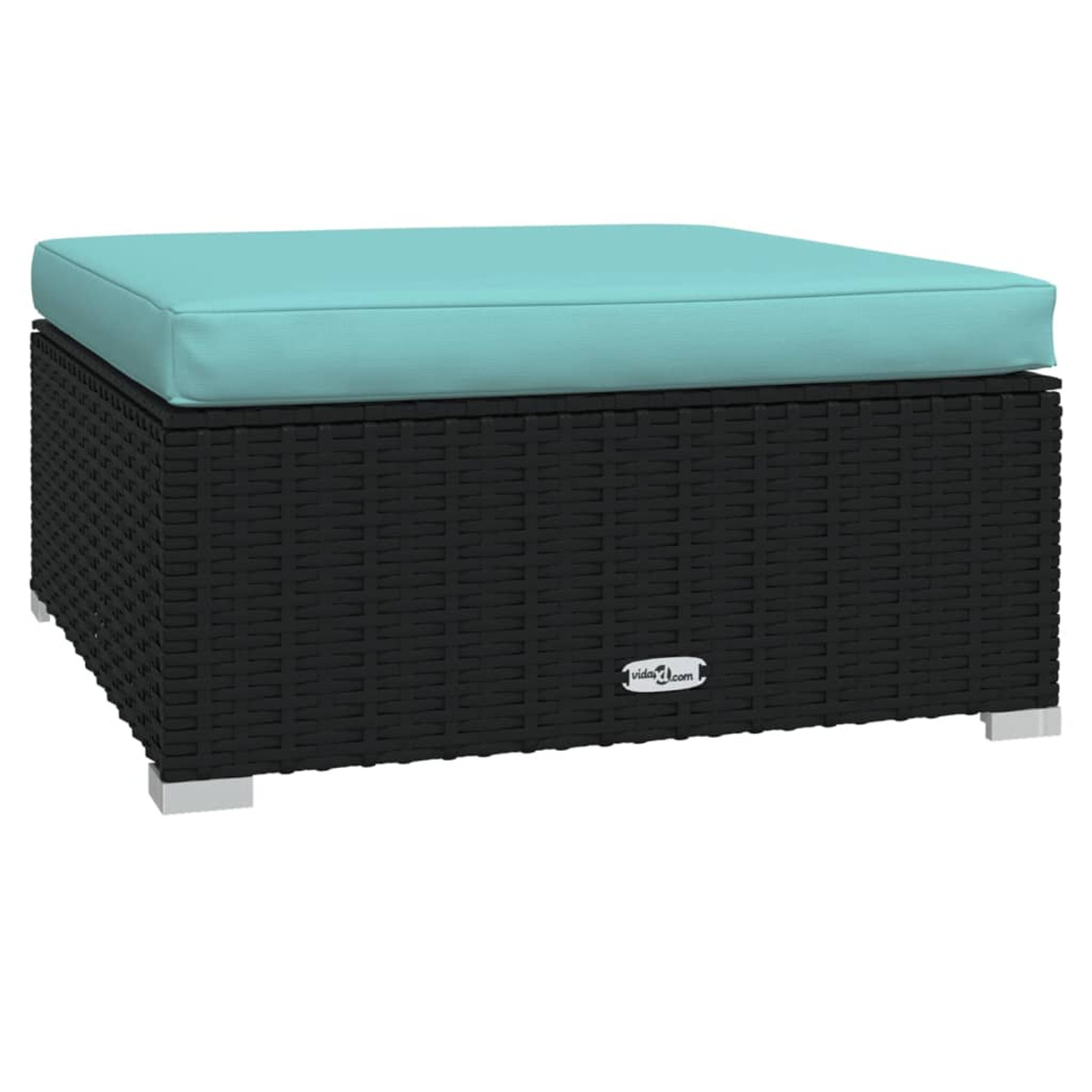 Schwarzer gewebter Hocker mit hellblauem Kissen. Weiße Füße. vidaXL-Logo.