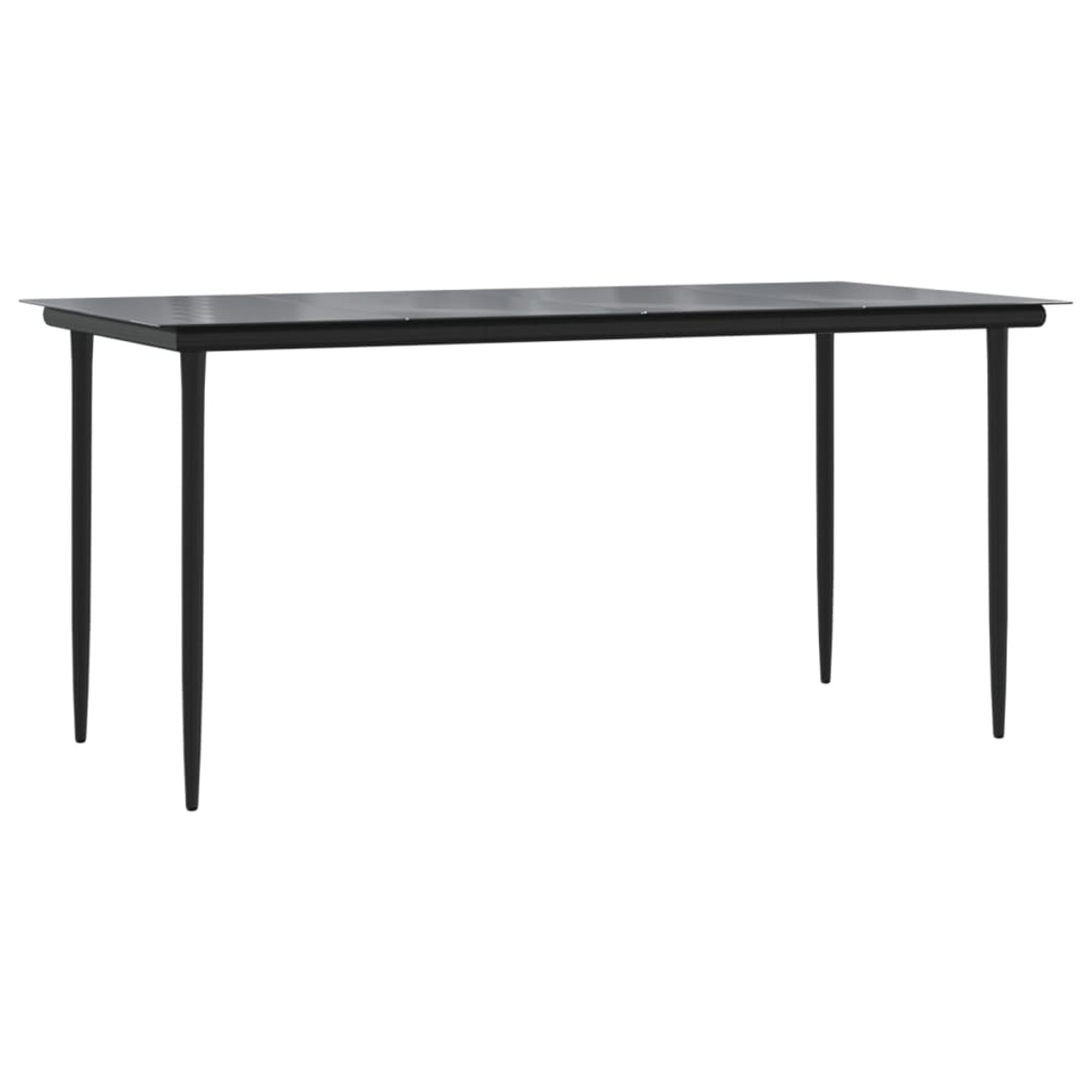 Tavolo da pranzo nero con quattro gambe. Superficie rettangolare. Sfondo bianco.