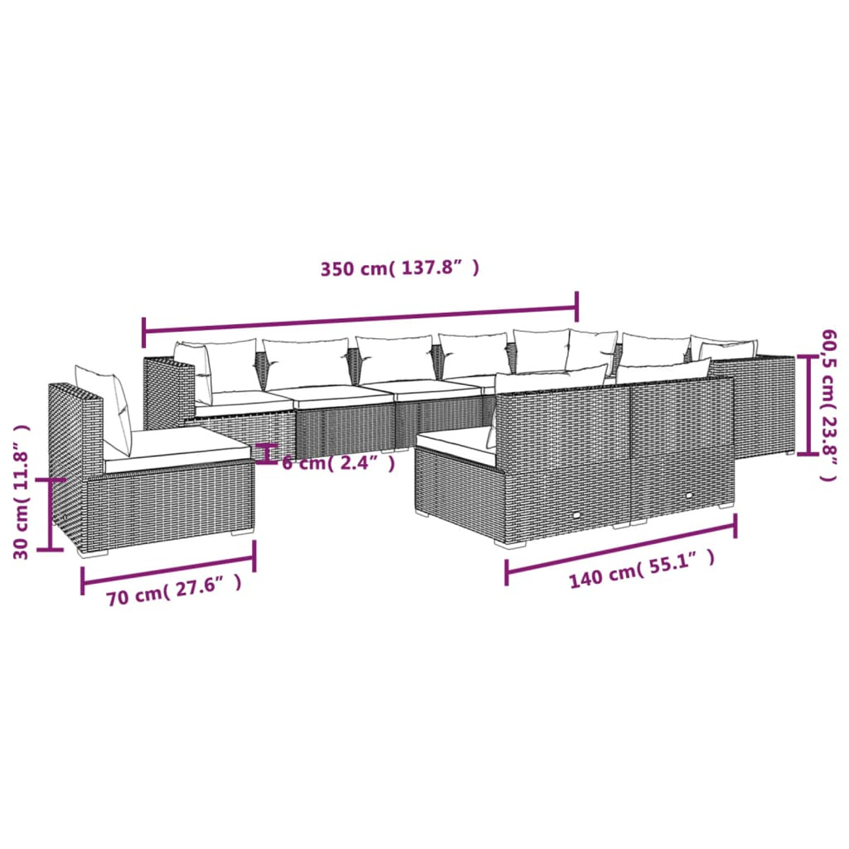 Diagramm eines großen Rattansofas mit Abmessungen.
