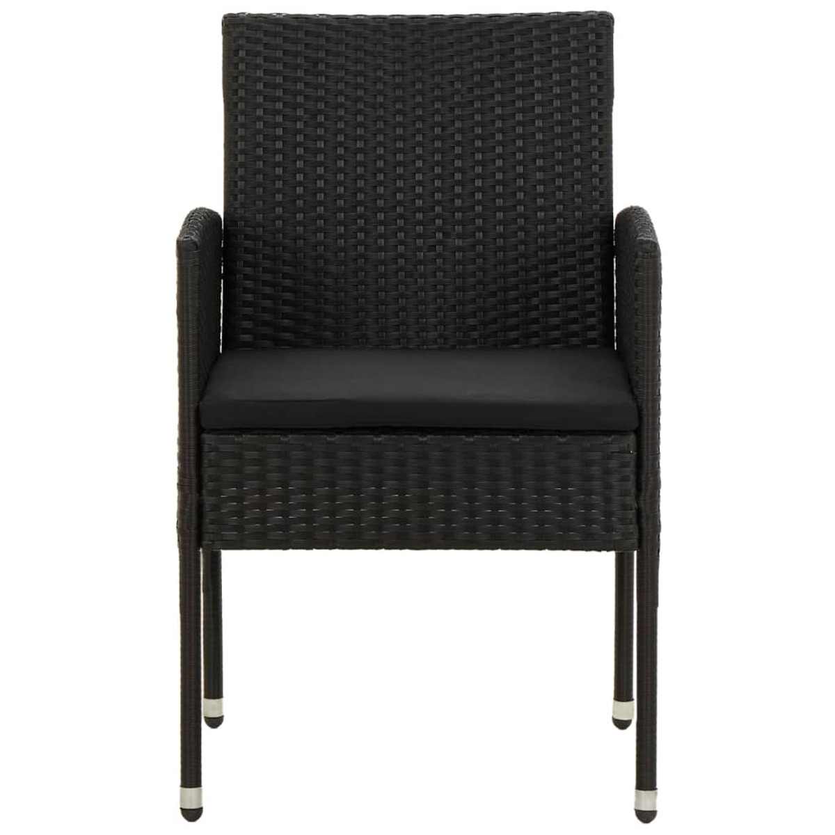 Ein schwarzer Rattan-Stuhl mit schwarzem Kissen, von vorne betrachtet.