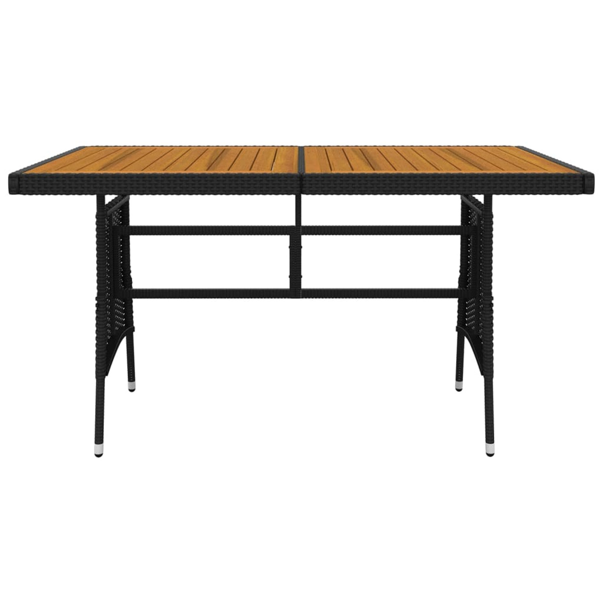 Holz- und schwarzer Tisch mit einer Latten-Holzplatte. Die Beine sind schwarz. Der Hintergrund ist weiß.