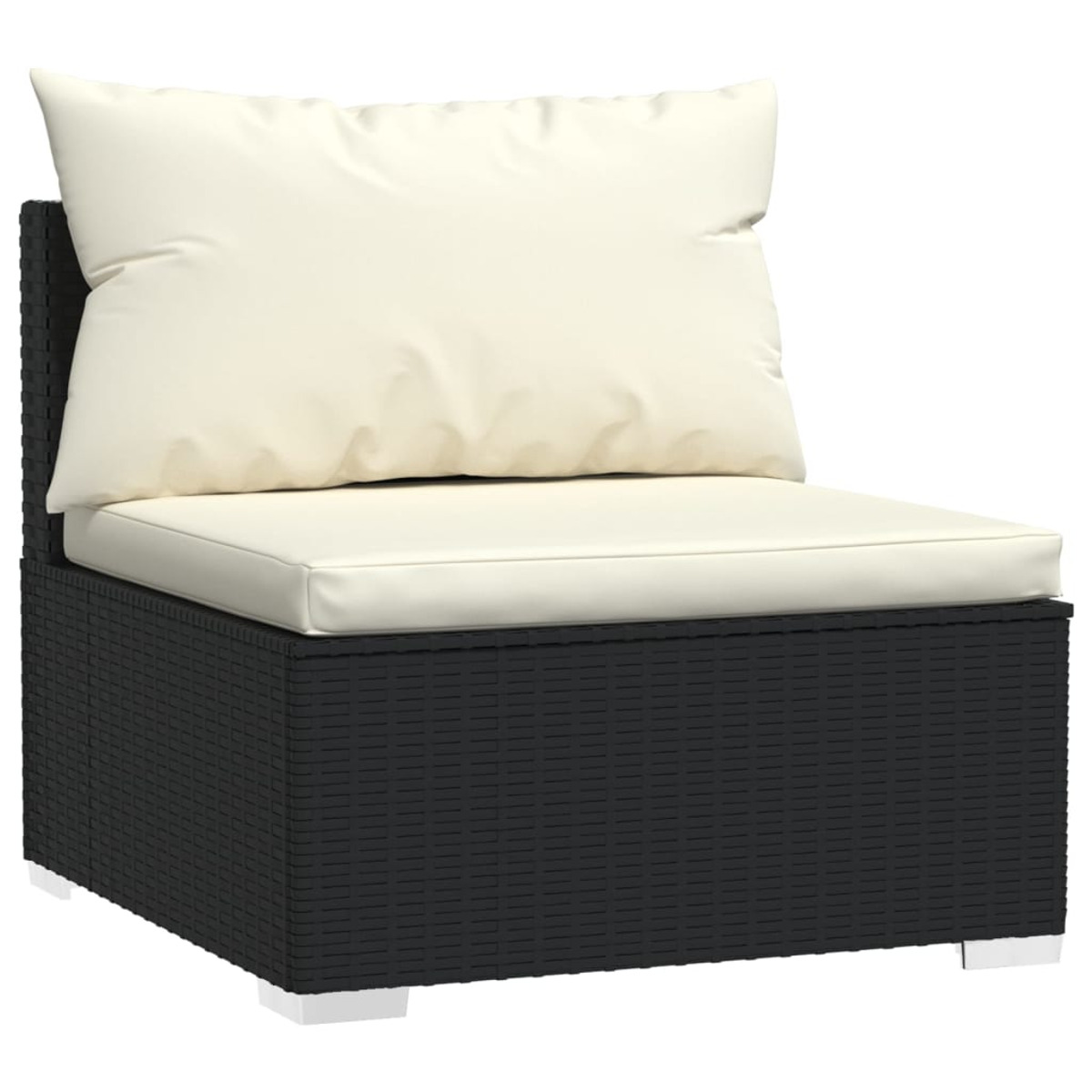 Schwarzes Korbssofa mit cremefarbenem Kissen. Das Sofa ist eine einzelne Sitzeinheit.