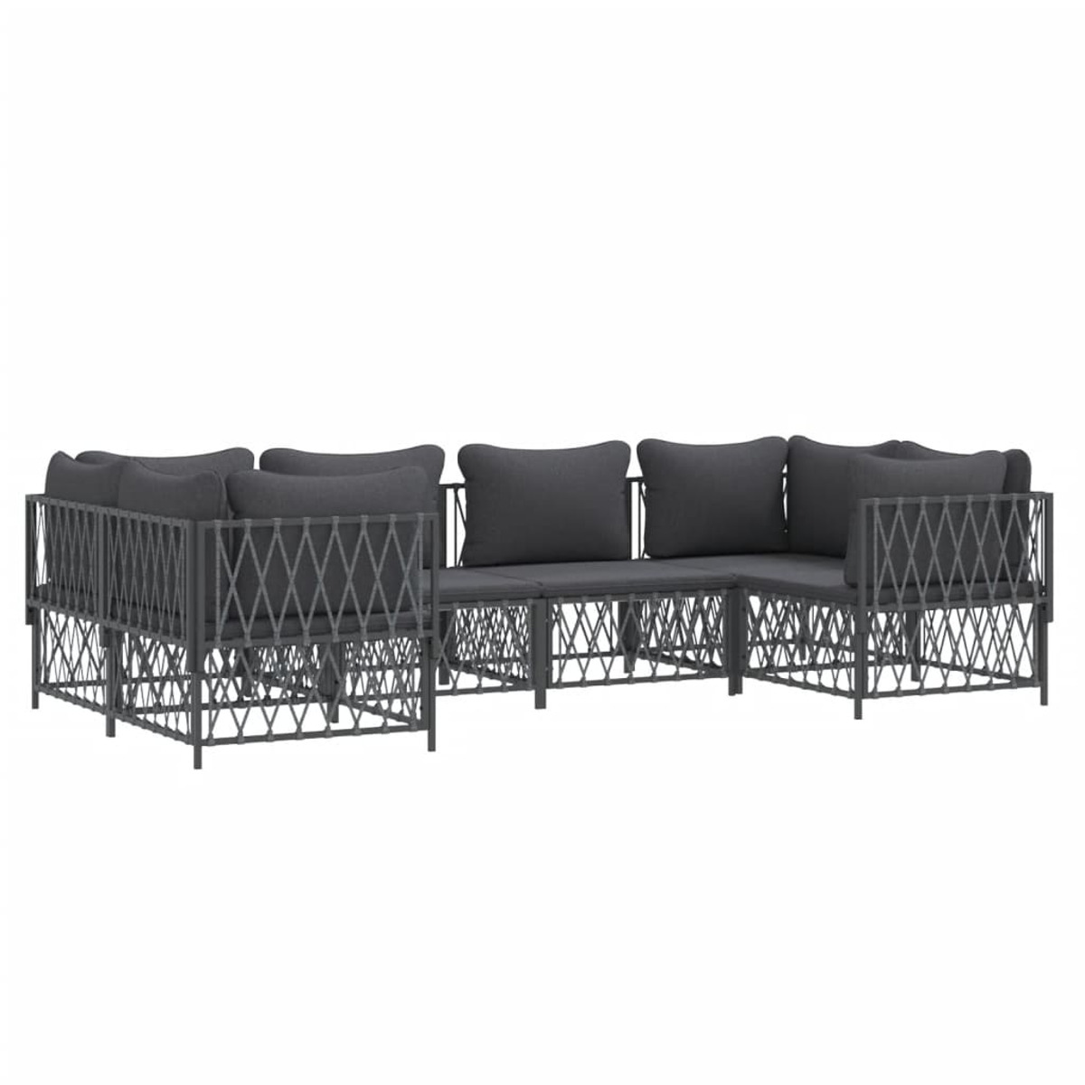 Ein graues Ecksofa für den Außenbereich mit Kissen auf weißem Hintergrund, schräge Ansicht.