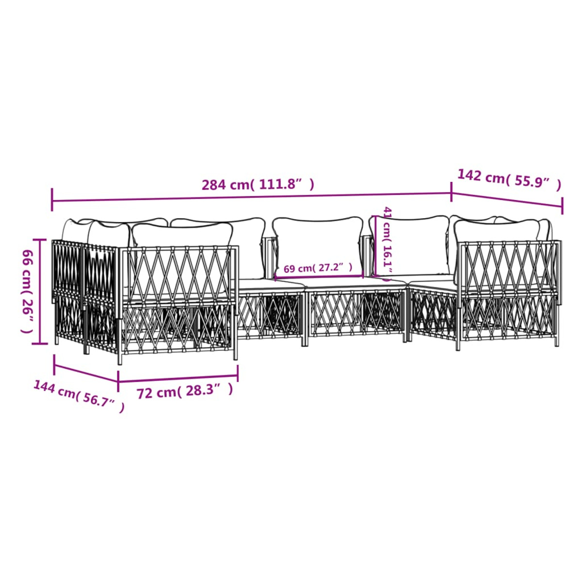 Diagramm eines Outdoor-Ecksofas mit Abmessungen in Zentimetern und Zoll auf weißem Hintergrund.