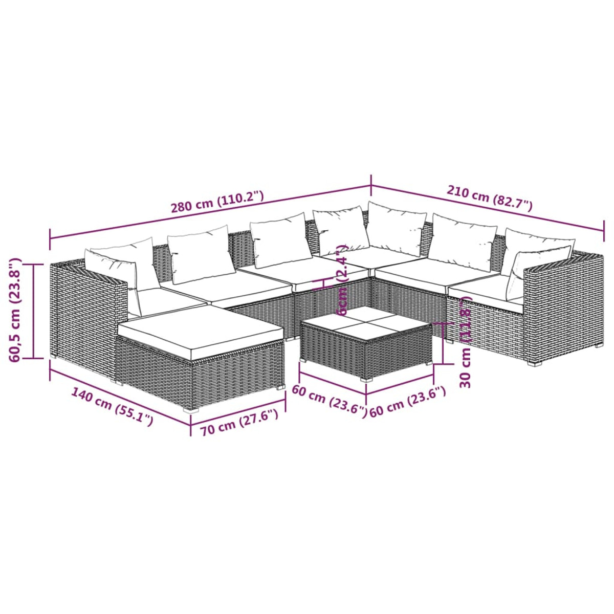 Ein Diagramm eines gewebten Sitzgruppen-Sets im Freien mit Abmessungen.