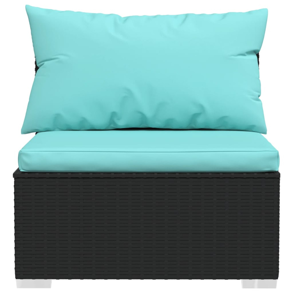 Schwarzes Outdoor-Sofa aus Korbgeflecht mit türkisfarbenen Kissen. Weiße Beine. Saubere Aufnahme, kein Hintergrund.