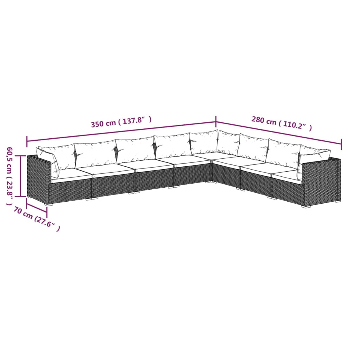 L-förmiges Outdoor-Sofa mit Abmessungen und Messungen. Weißer Hintergrund.