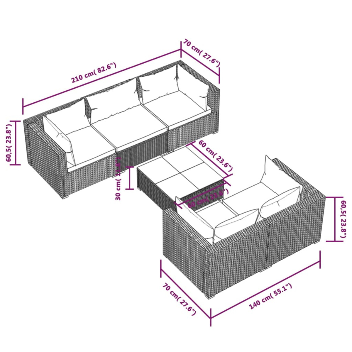 Diagramm eines Outdoor-Möbelsets mit Abmessungen. Enthält ein Sofa, eine Eckcouch und einen Tisch.
