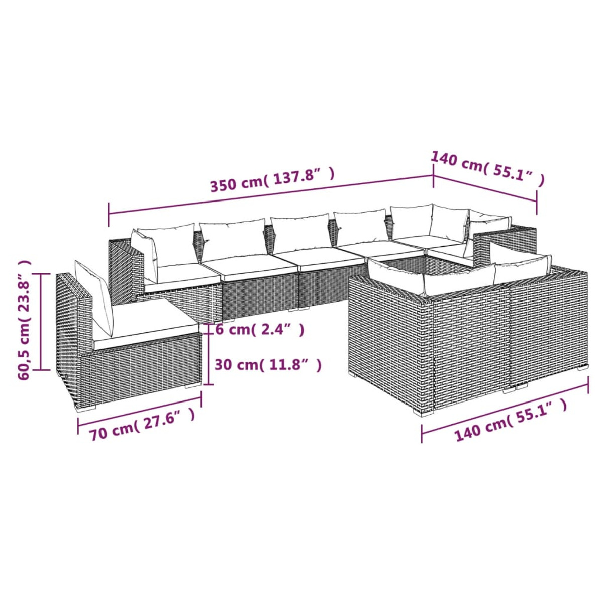 Ein Outdoor-Sofaset aus Korbgeflecht mit Abmessungen, vor weißem Hintergrund.