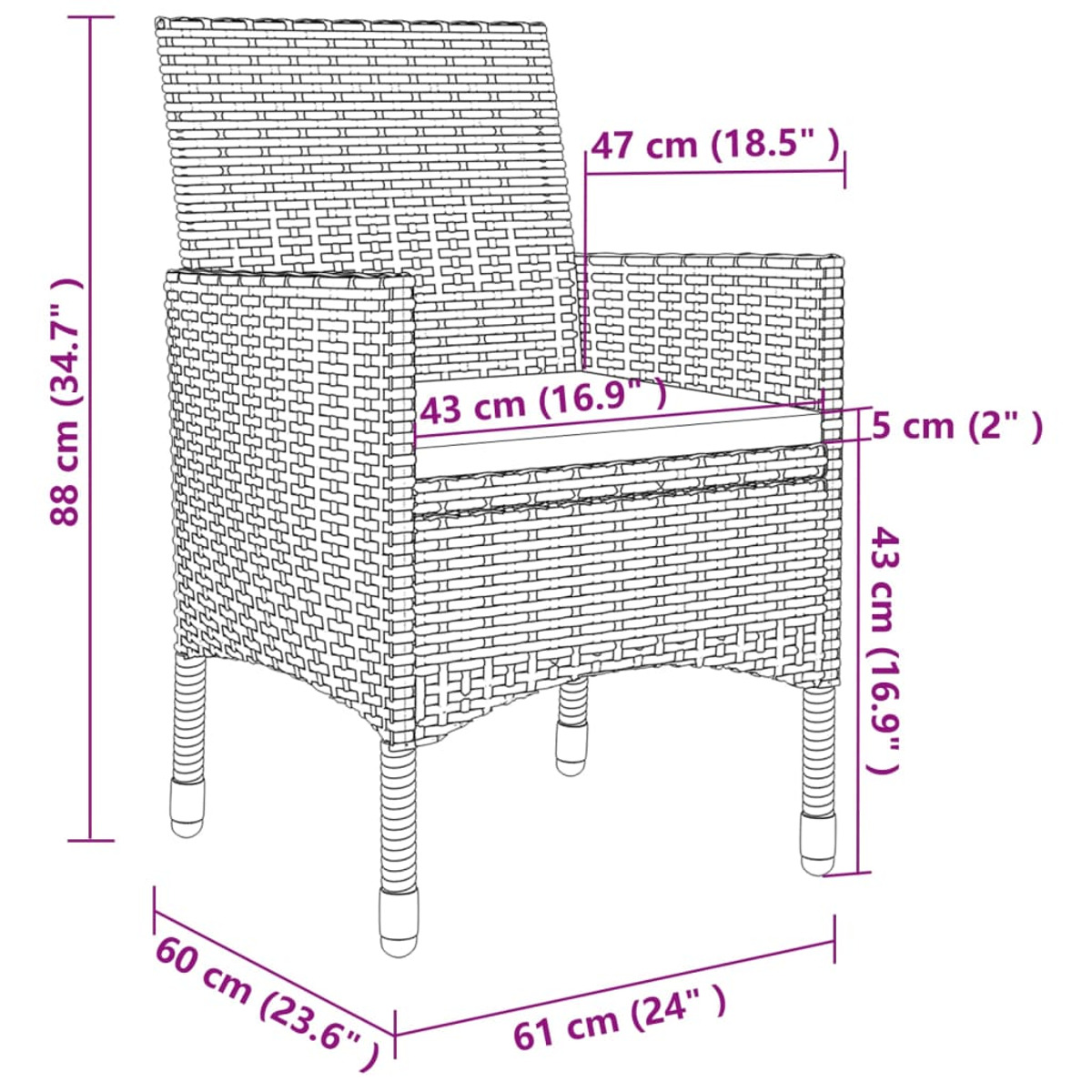 Rattan-Stuhl mit Kissen. Abmessungen sind angegeben. Der Stuhl ist aus Weide.