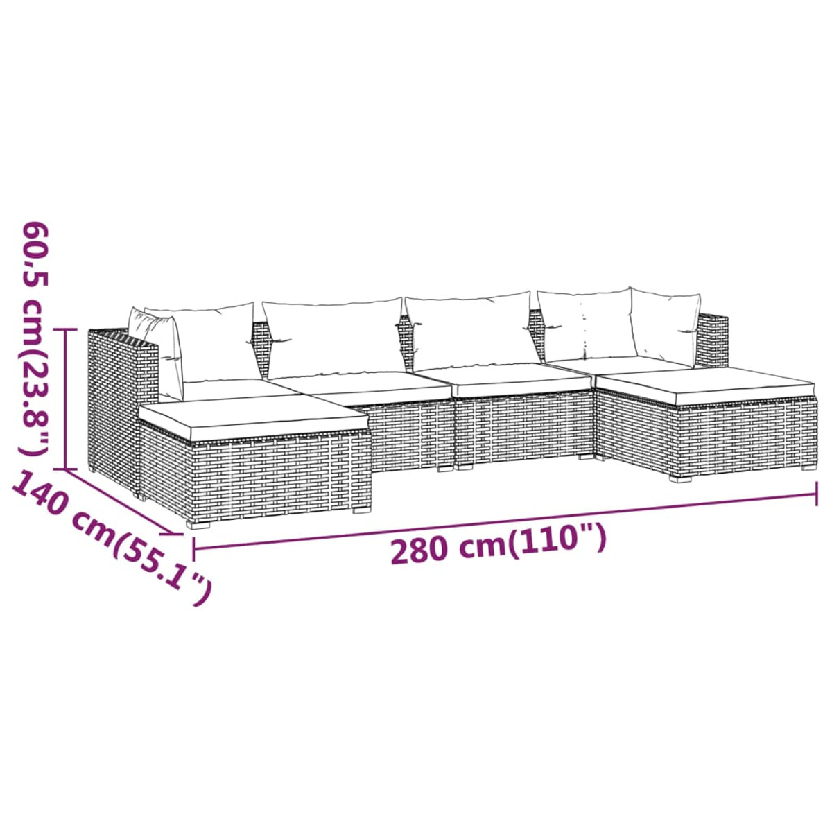 Ein großes Koransofa mit beschrifteten Maßen. Das Sofa besteht aus mehreren Abschnitten und Kissen.