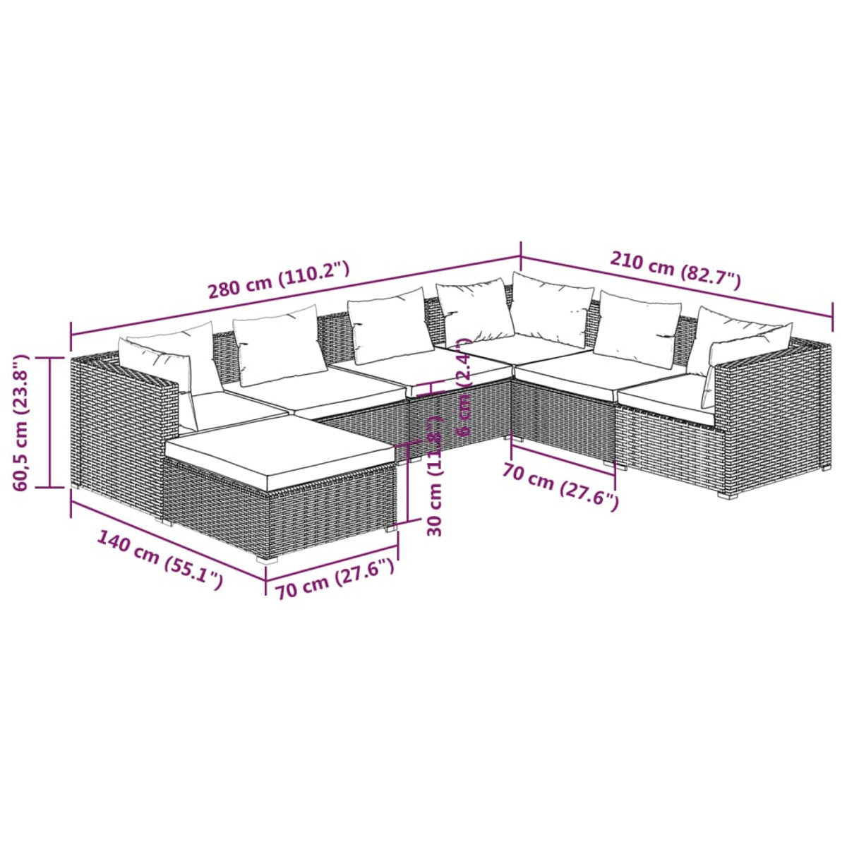 Outdoor-Sofa-Set, Abmessungen gezeigt, mit weißen Kissen und weißem Hintergrund.