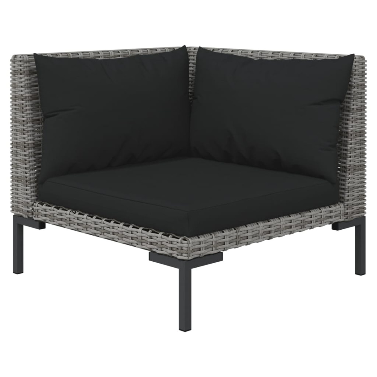 Graues Ecksofa aus Korbgeflecht mit schwarzen Kissen und dunklem Metallrahmen.