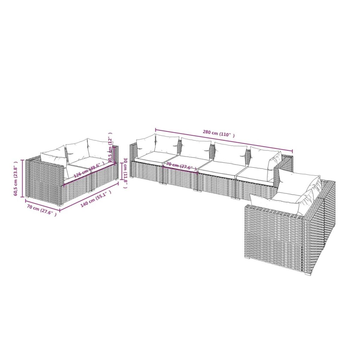 Diagramm, das ein braunes Outdoor-Ecksofa aus Korbgeflecht mit Abmessungen in Zentimetern und Zoll zeigt.