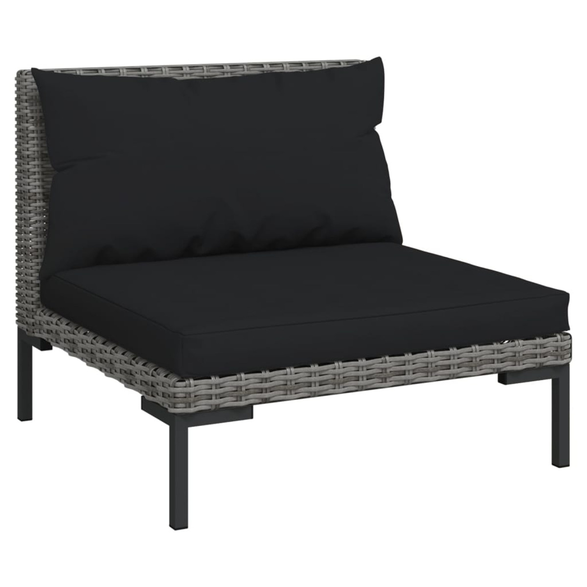 Grauer Rattan-Stuhl mit schwarzem Kissen und Kissen. Metallbeine. Modernes Design, Gartenmöbel.