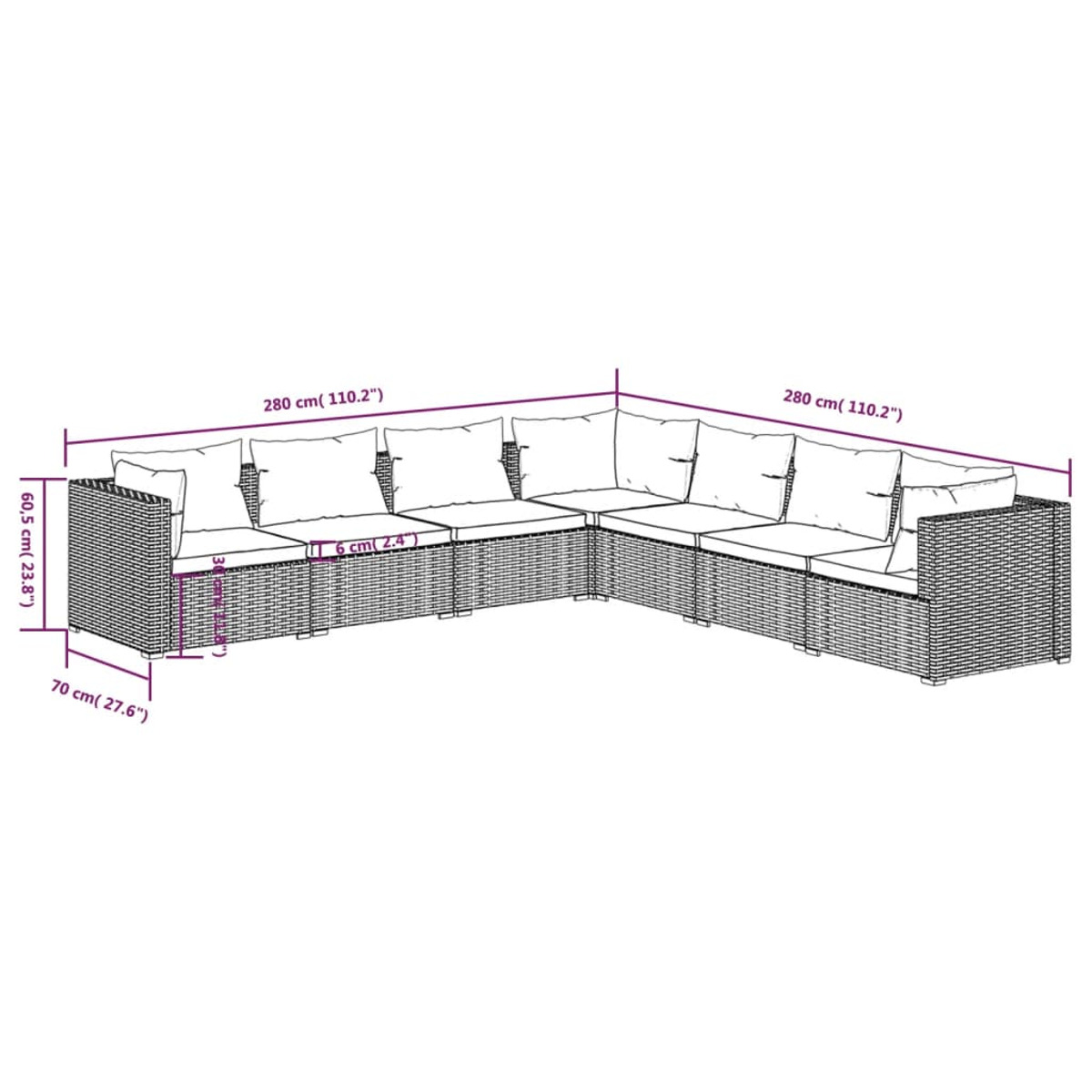 L-förmiges Outdoor-Sofaset mit weißen Kissen. Maße werden angezeigt.