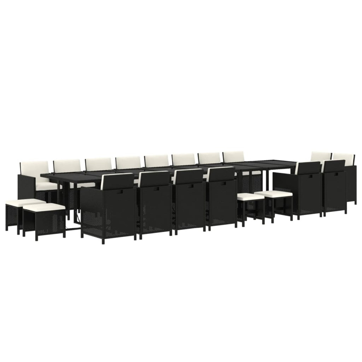 Schwarzes Outdoor-Möbelset mit weißen Kissen und passenden Hockern.