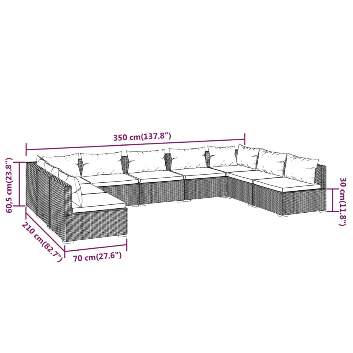 Großes, graues, U-förmiges Outdoor-Sofa mit weißen Kissen.
