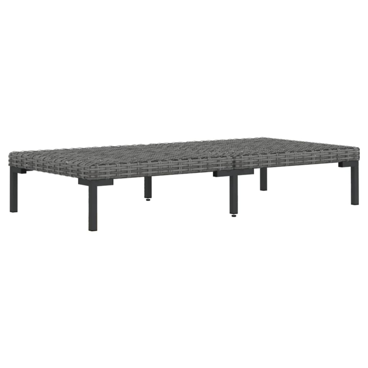 Grauer Outdoor-Couchtisch. Der Tisch hat eine gewebte Oberfläche und schwarze Beine.
