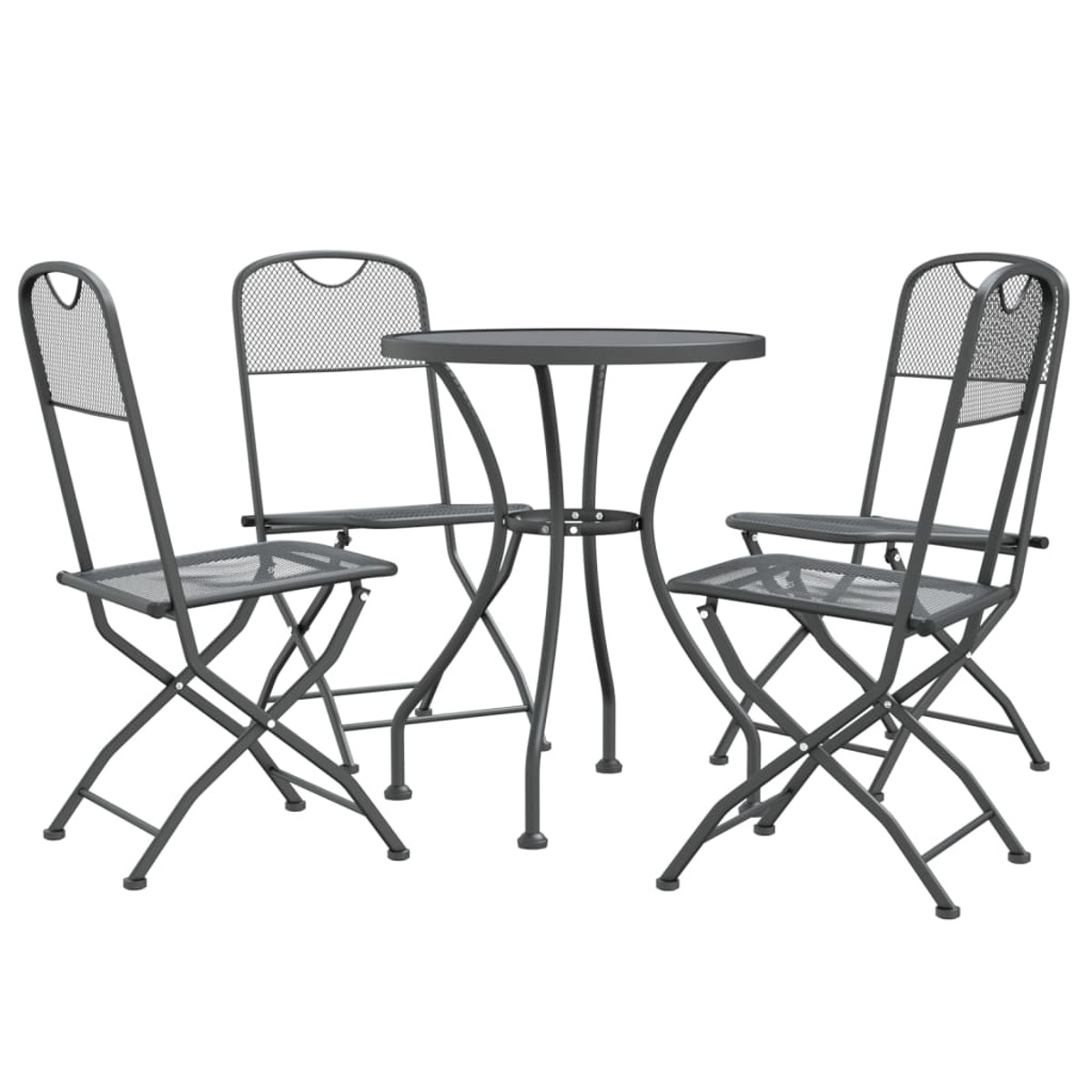 Ein Set aus drei Metall-Außenstühlen und einem runden Tisch auf weißem Grund.