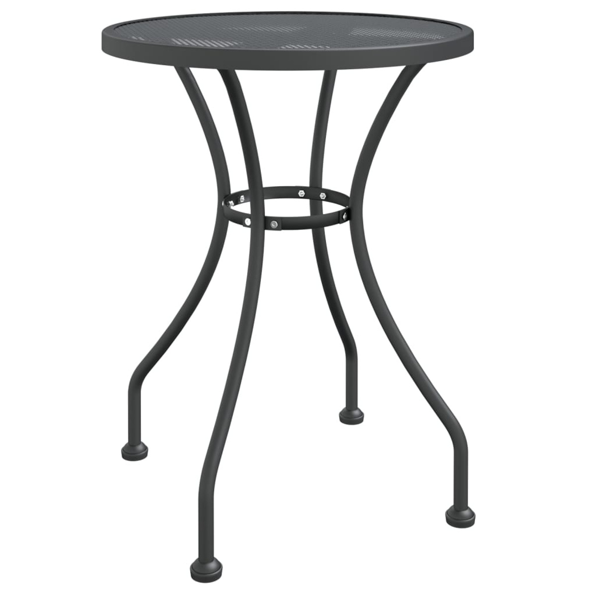 Runder schwarzer Gartentisch. Schwarze Beine, perforierte Oberfläche. Weißer Hintergrund.