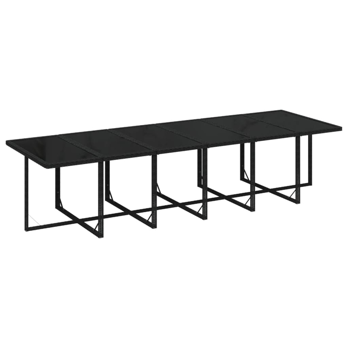 Langer schwarzer Outdoor-Tisch mit sechs Abschnitten. Der Tisch hat ein schwarzes Gestell und eine dunkle Oberfläche.