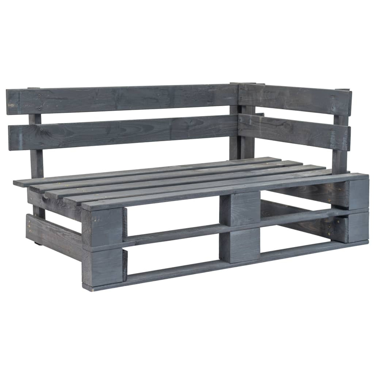 Ein Ecksofa aus grau gestrichenen Paletten. Das Design ist einfach und rustikal.