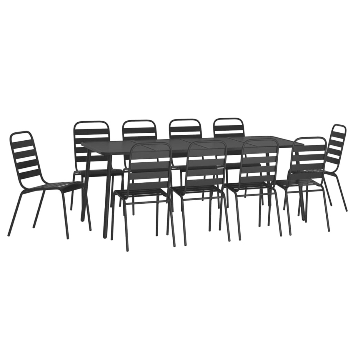 Garten-Essgruppe mit schwarzem Tisch und schwarzen Metallstühlen. Weißer Hintergrund.