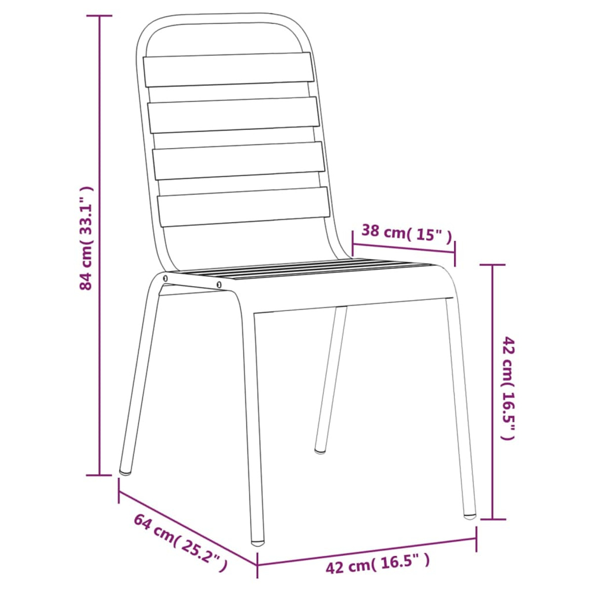 Diagramm eines Stuhls mit Maßangaben in Zentimetern und Zoll.